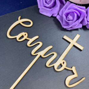 Personalised Wooden Cake Topper with Cross - Christening, Baptism - any text