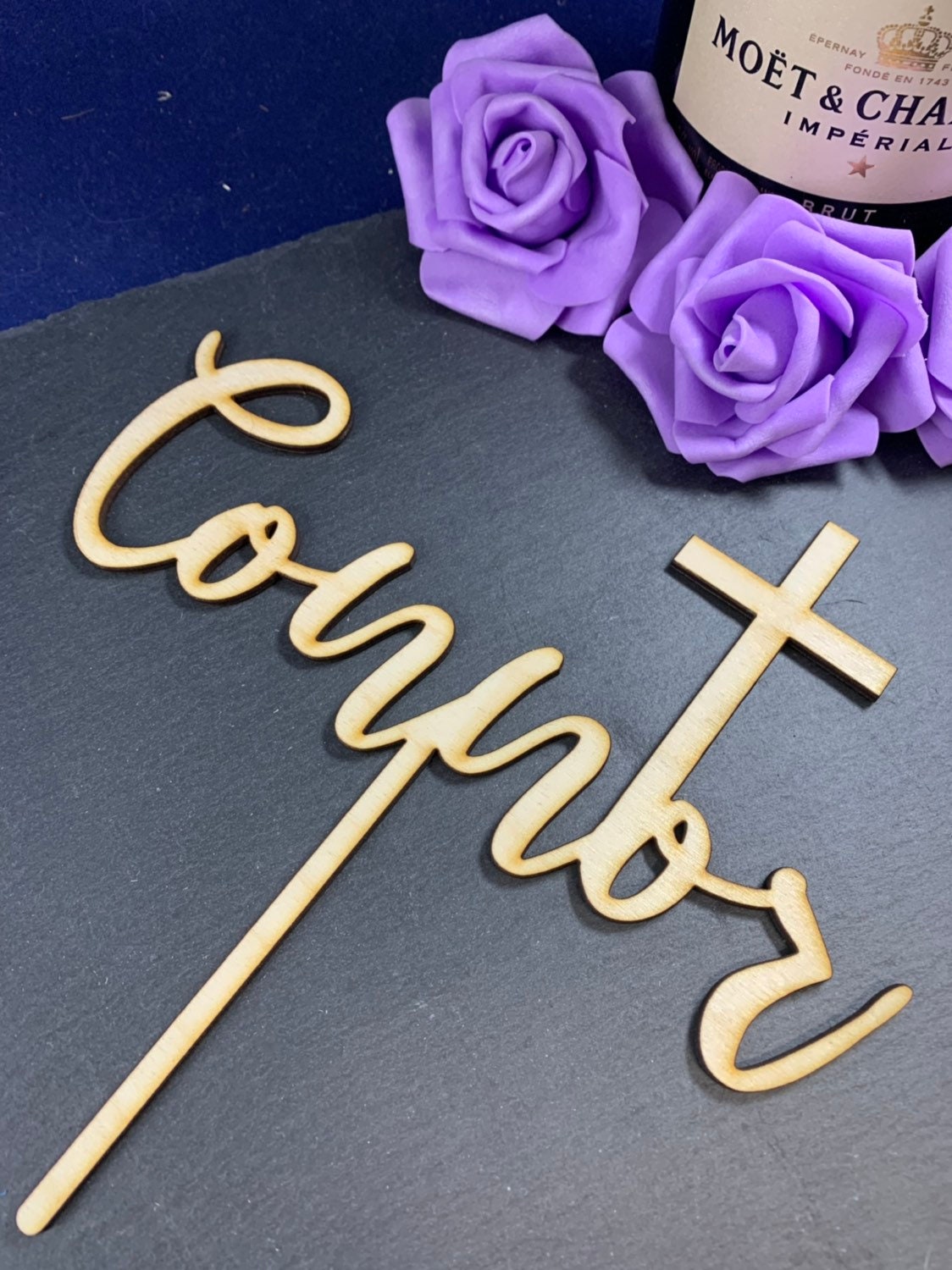 Personalised Wooden Cake Topper with Cross - Christening, Baptism - any text