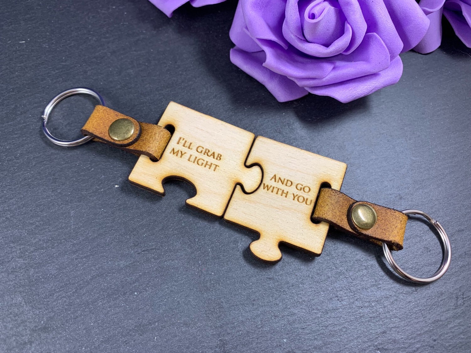 Personalised Engraved Wooden Puzzle Piece Keyring Set - Image 6