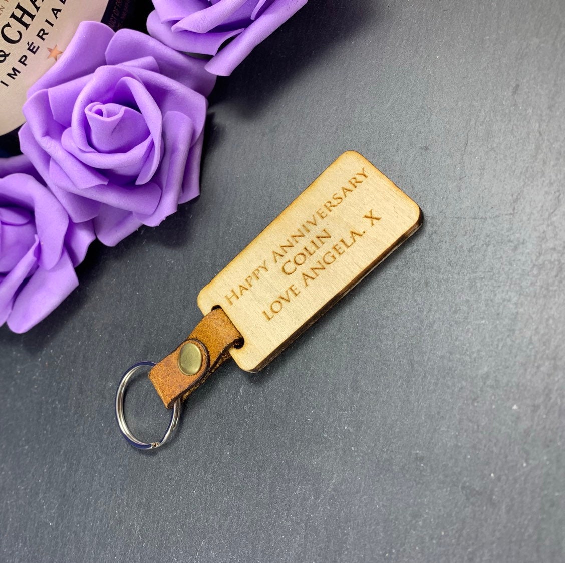 Personalised Engraved Wooden Fob Keyring with Leather Strap - Image 3