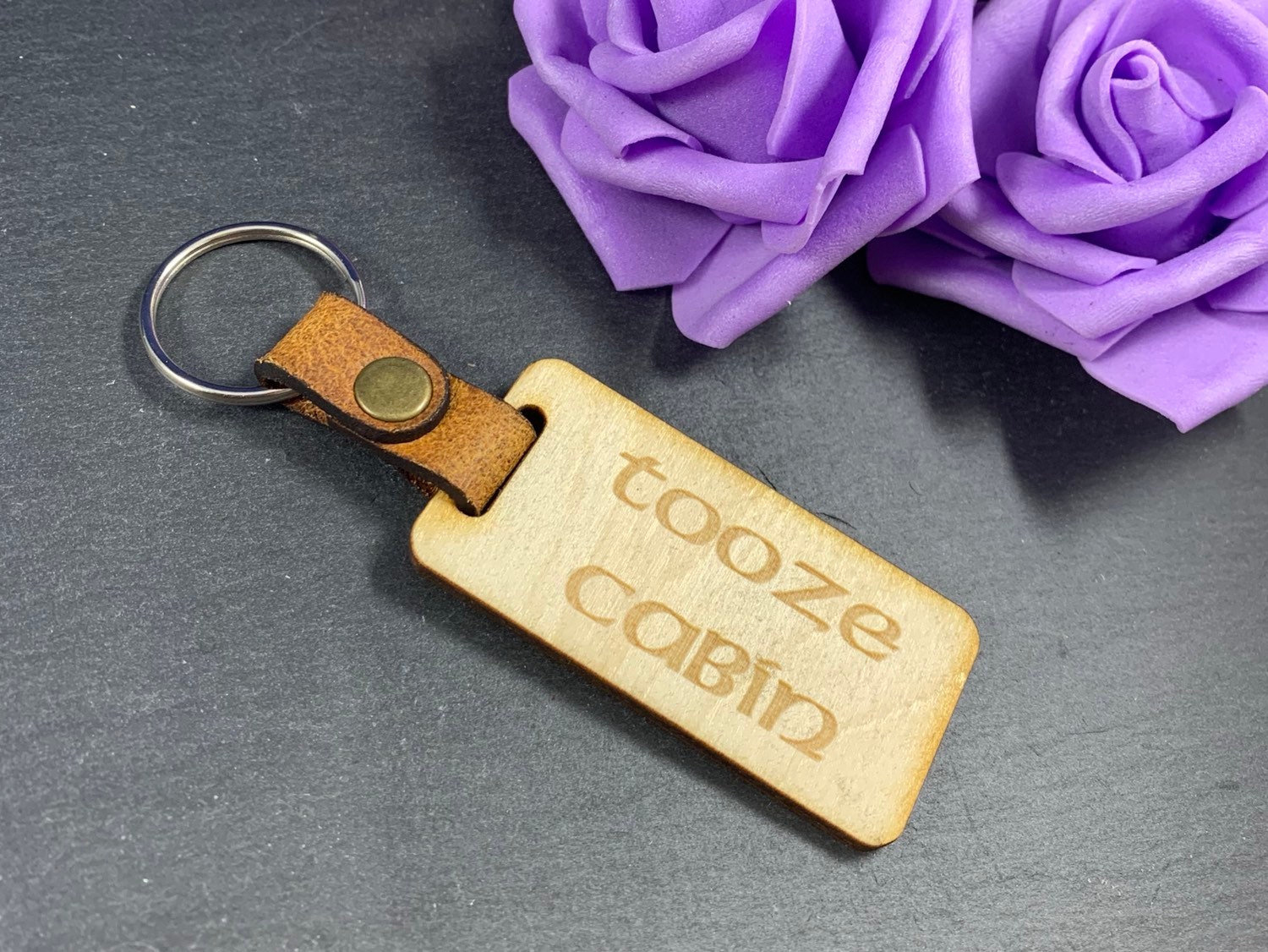 Personalised Engraved Wooden Fob Keyring with Leather Strap - Image 10