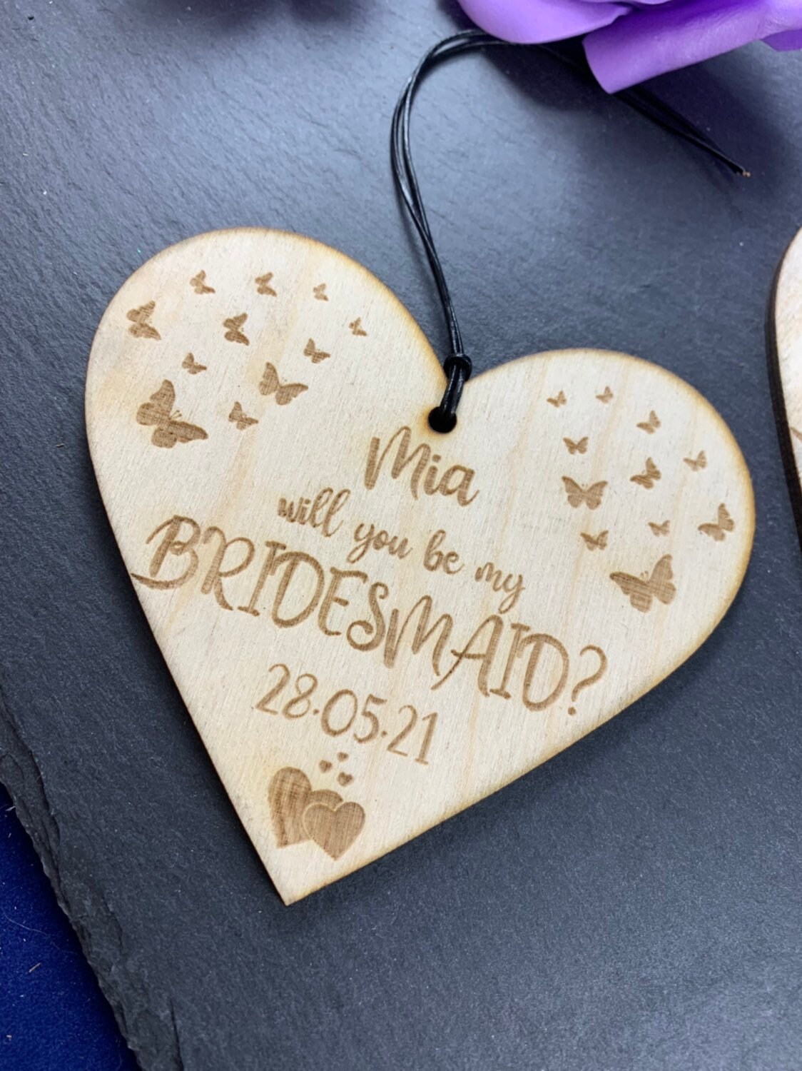 Personalised Engraved Wooden Hanging Heart - Will You Be My Bridesmaid, Maid of Honour, Best Woman Proposal Gift - Any Text - Image 4