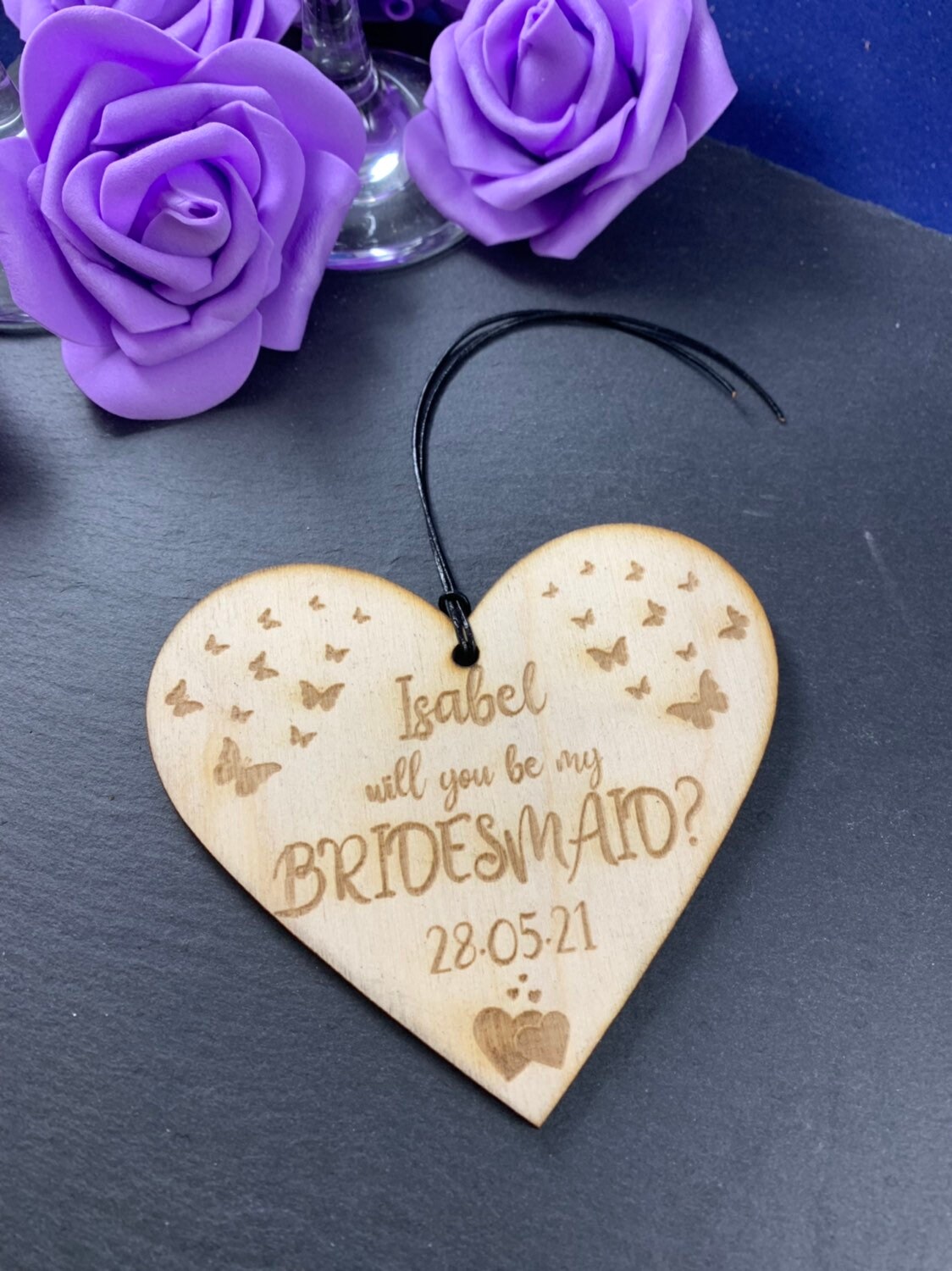 Personalised Engraved Wooden Hanging Heart - Will You Be My Bridesmaid, Maid of Honour, Best Woman Proposal Gift - Any Text - Image 6