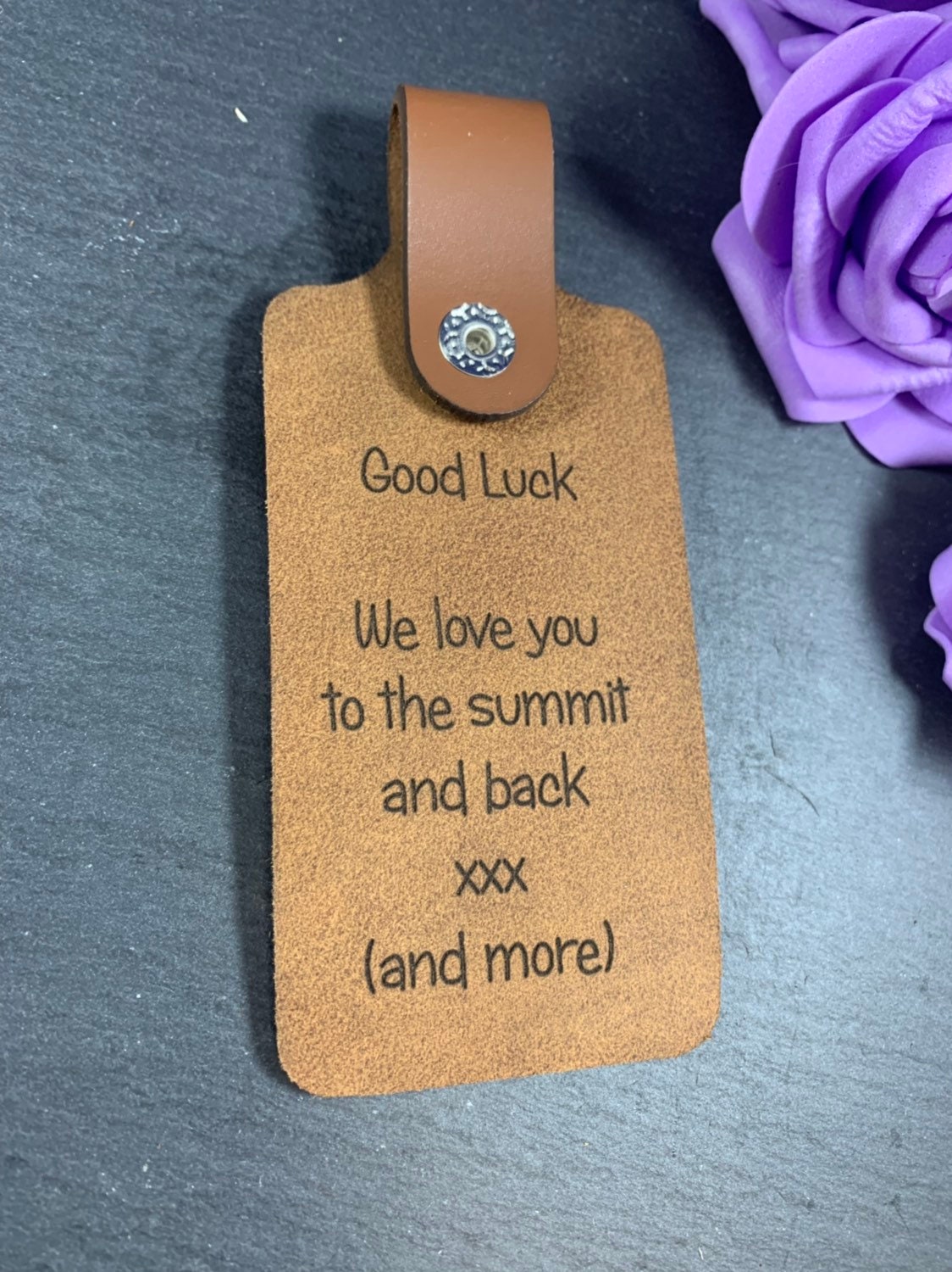 Personalised engraved leather luggage / bag tag with metal popper fastener - Image 6