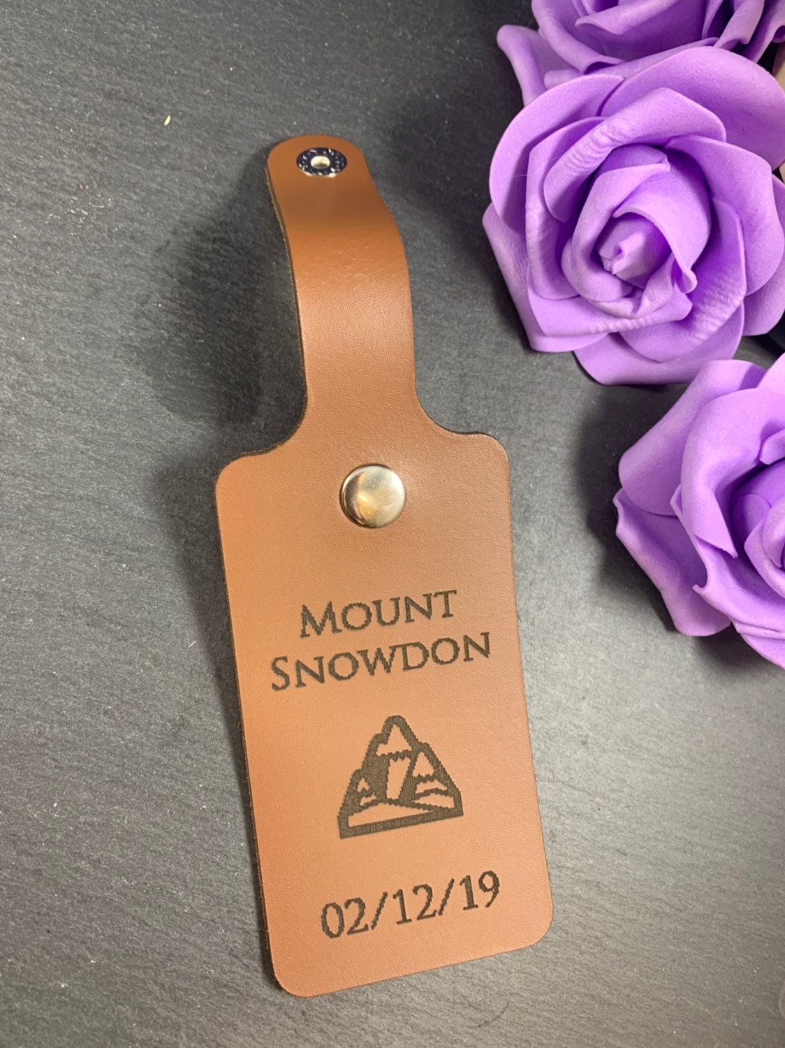 Personalised engraved leather luggage / bag tag with metal popper fastener - Image 5