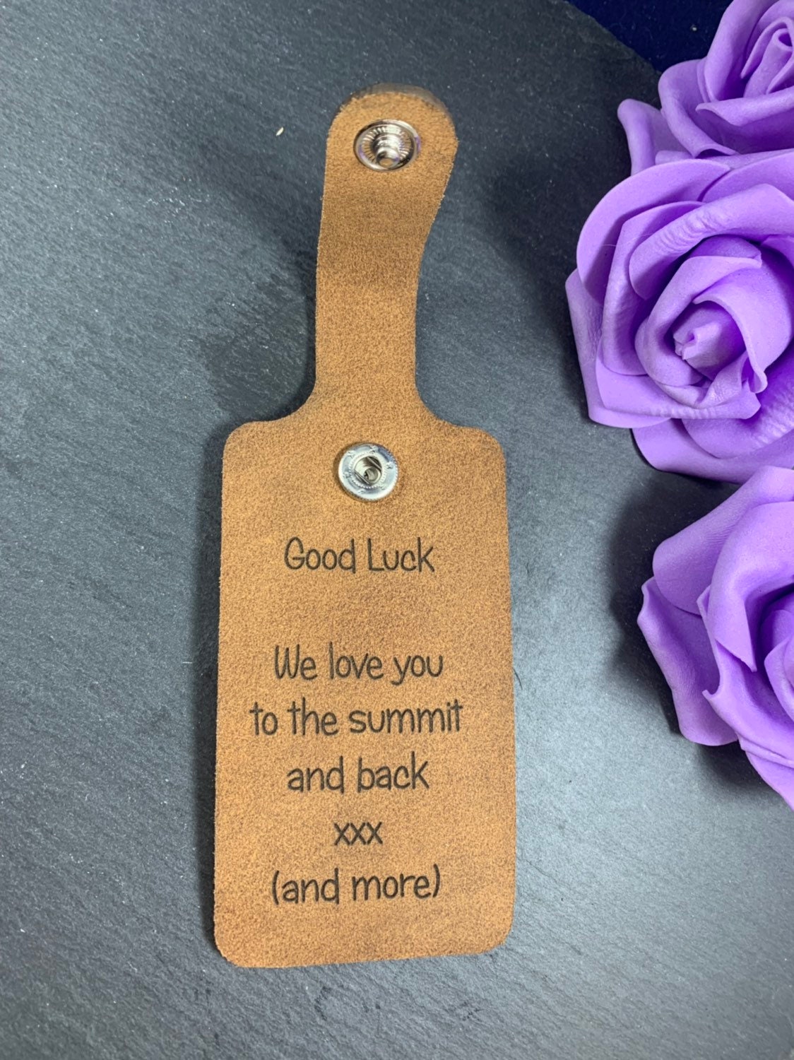 Personalised engraved leather luggage / bag tag with metal popper fastener - Image 7