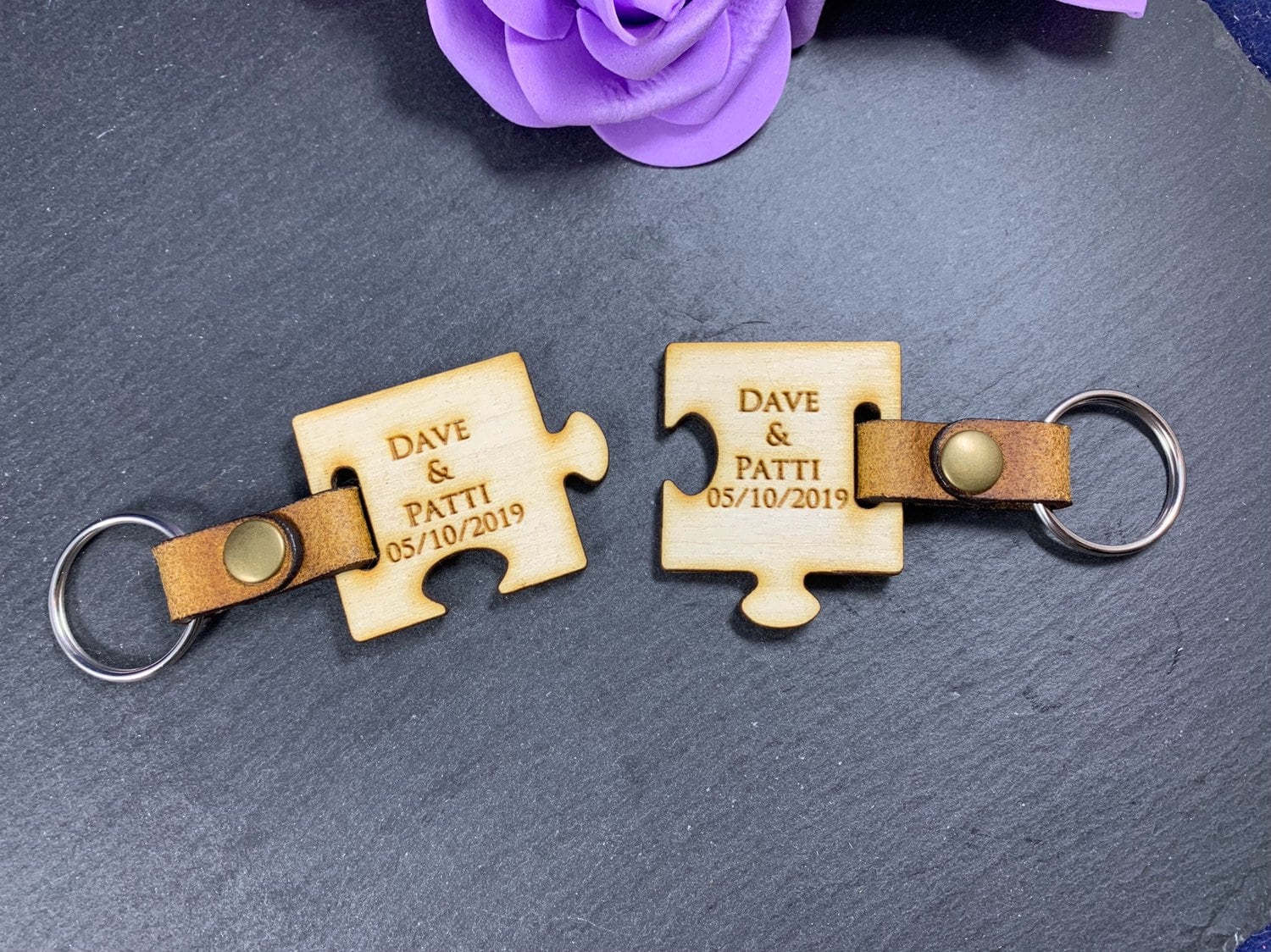 Personalised Engraved Wooden Puzzle Piece Keyring Set