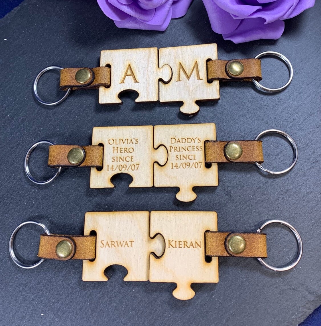 Personalised Engraved Wooden Puzzle Piece Keyring Set - Image 5