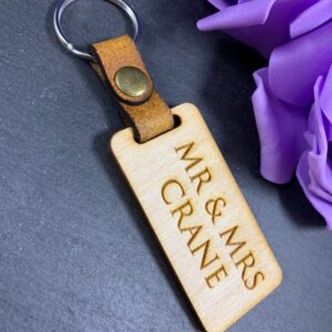 Personalised Engraved Wooden Fob Keyring with Leather Strap