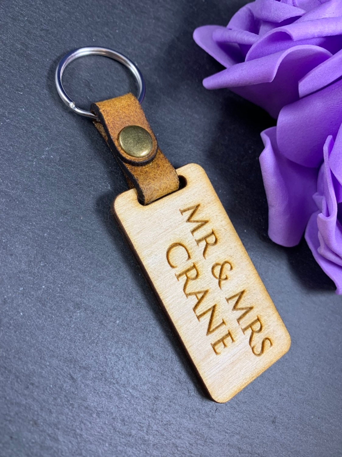 Personalised Engraved Wooden Fob Keyring with Leather Strap