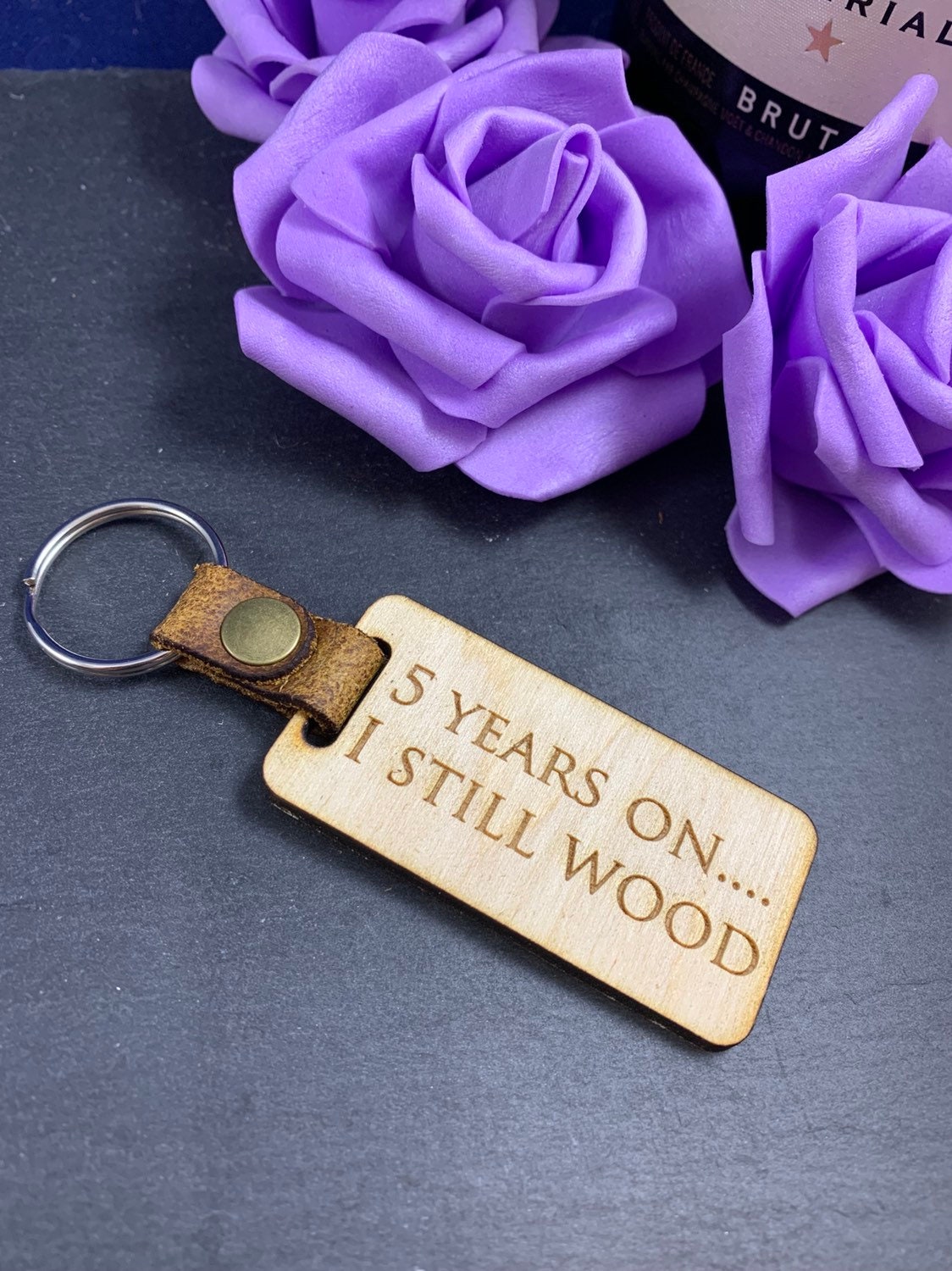 Personalised Engraved Wooden Fob Keyring with Leather Strap - Image 2