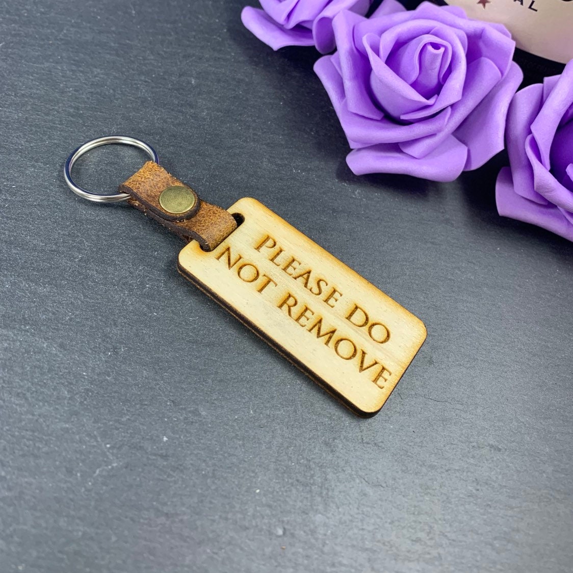 Personalised Engraved Wooden Fob Keyring with Leather Strap - Image 4