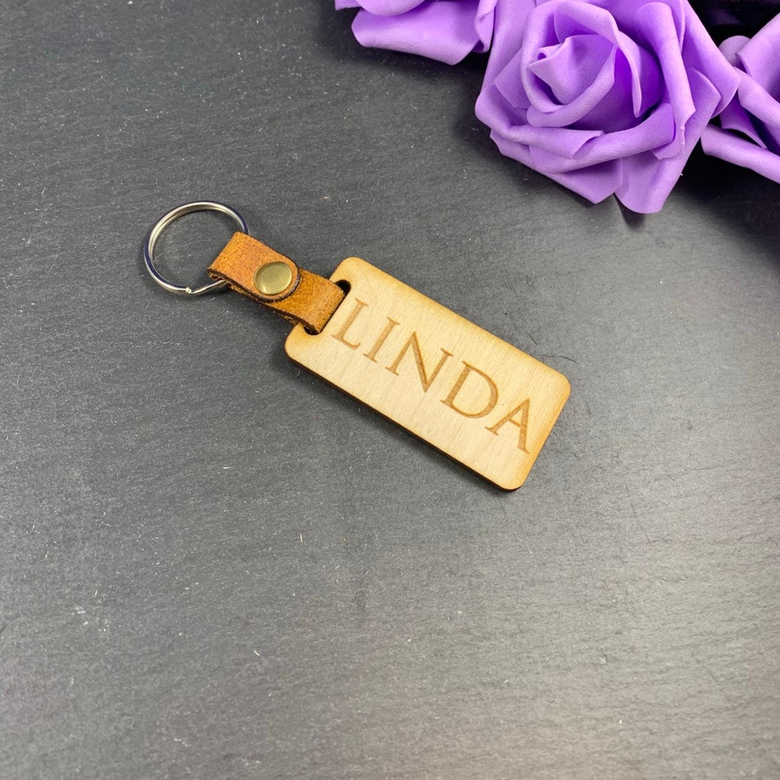 Personalised Engraved Wooden Fob Keyring with Leather Strap - Image 5