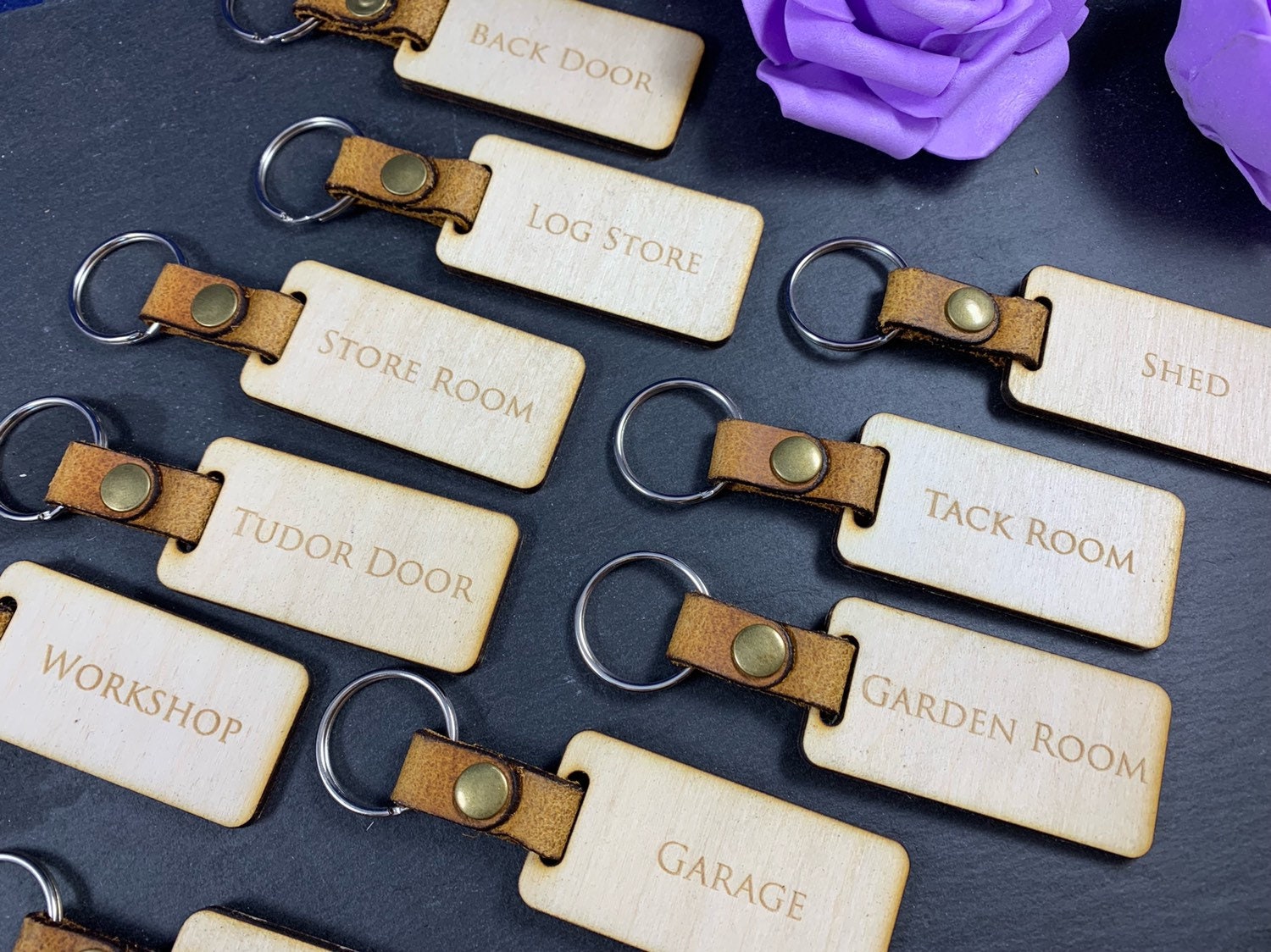 Personalised Engraved Wooden Fob Keyring with Leather Strap - Image 6