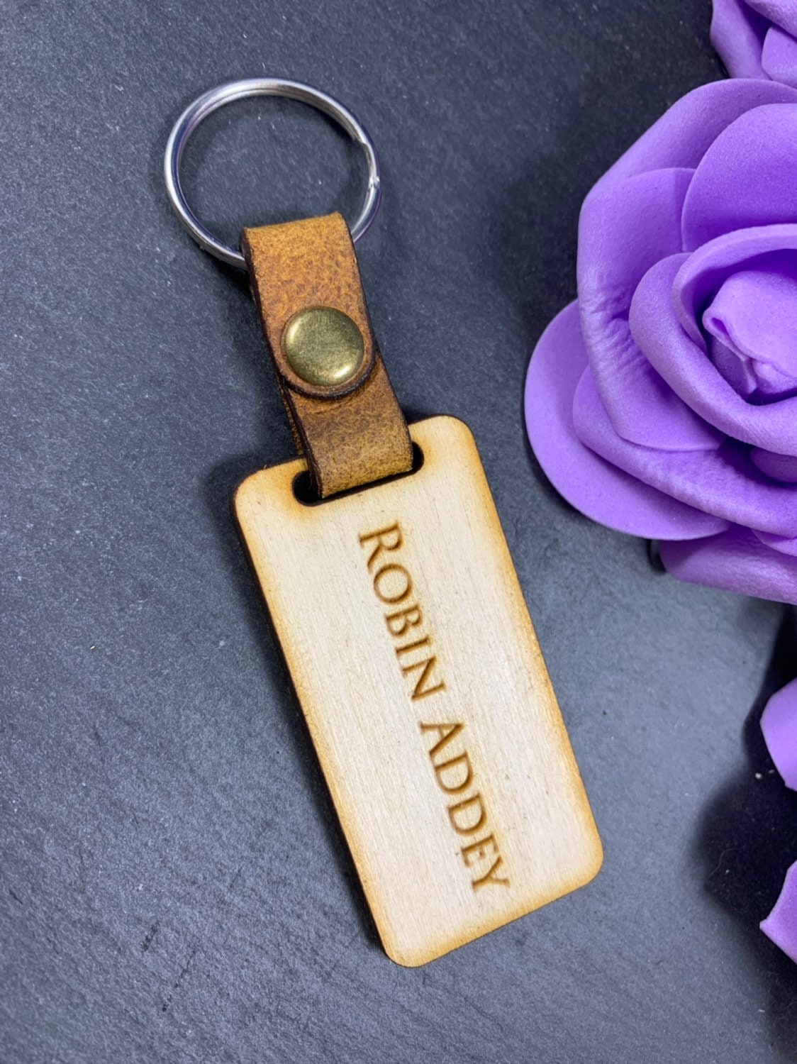 Personalised Engraved Wooden Fob Keyring with Leather Strap - Image 8