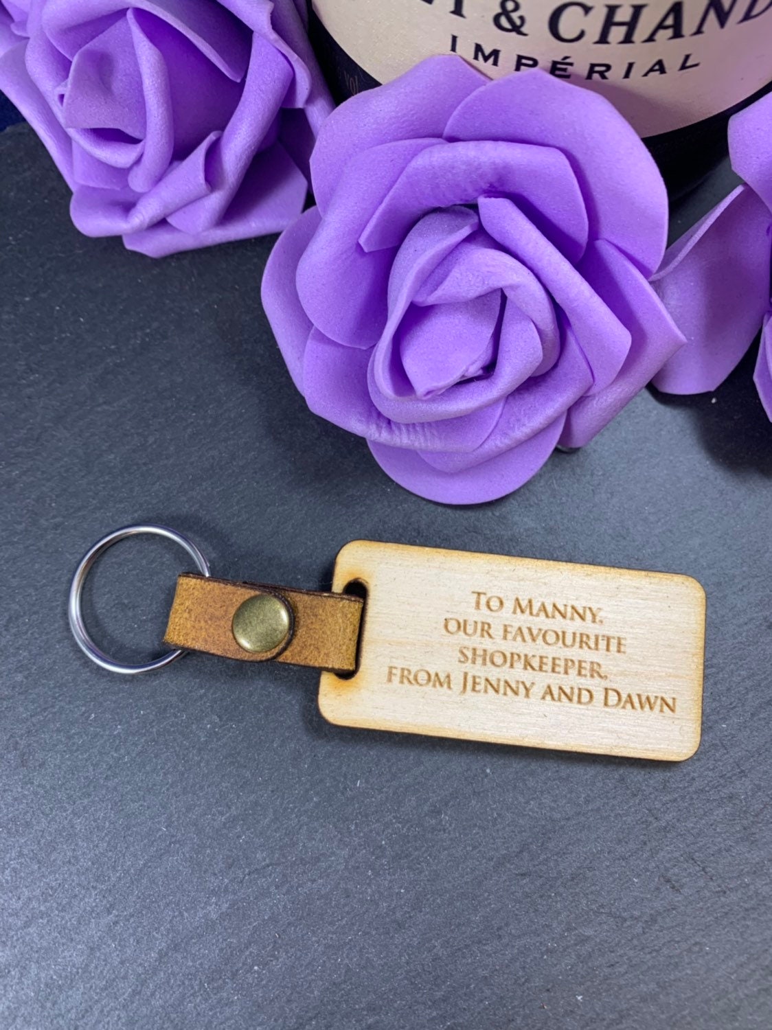 Personalised Engraved Wooden Fob Keyring with Leather Strap - Image 9