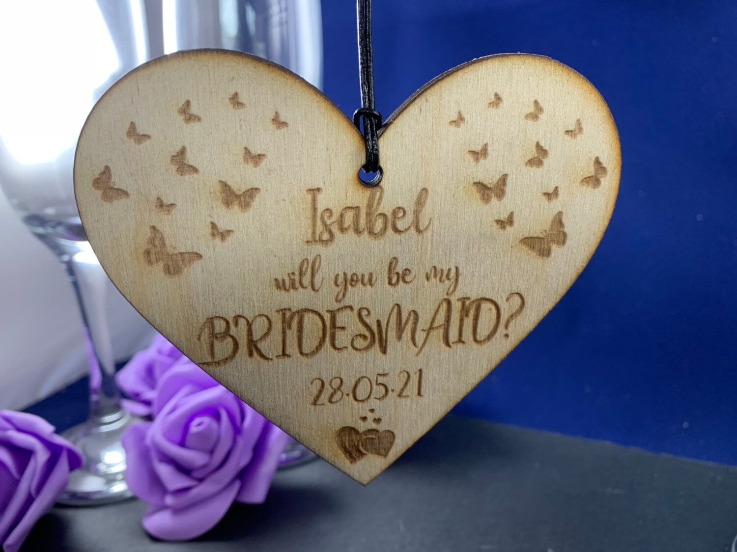 Personalised Engraved Wooden Hanging Heart - Will You Be My Bridesmaid, Maid of Honour, Best Woman Proposal Gift - Any Text - Image 5