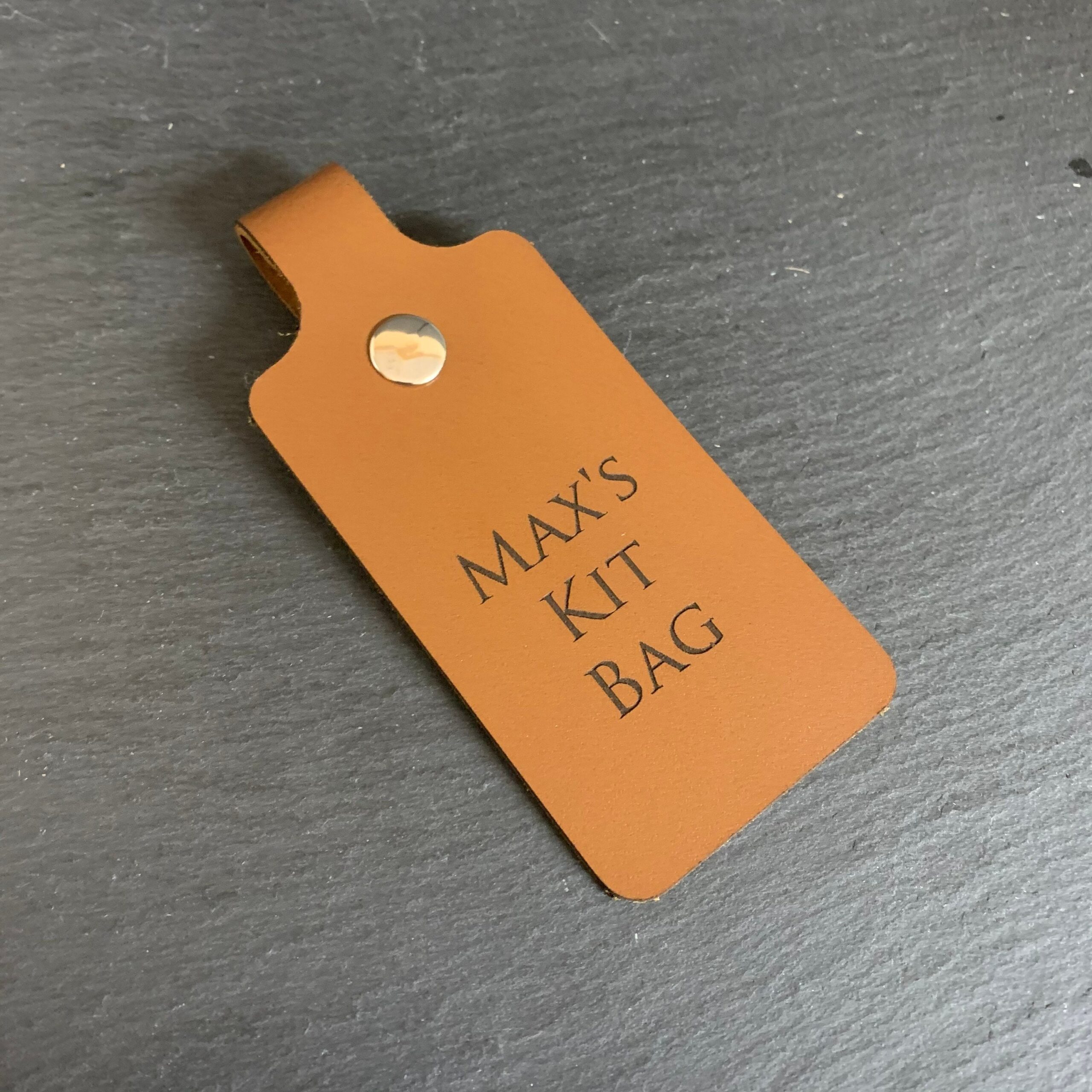 Personalised engraved leather luggage / bag tag with metal popper fastener