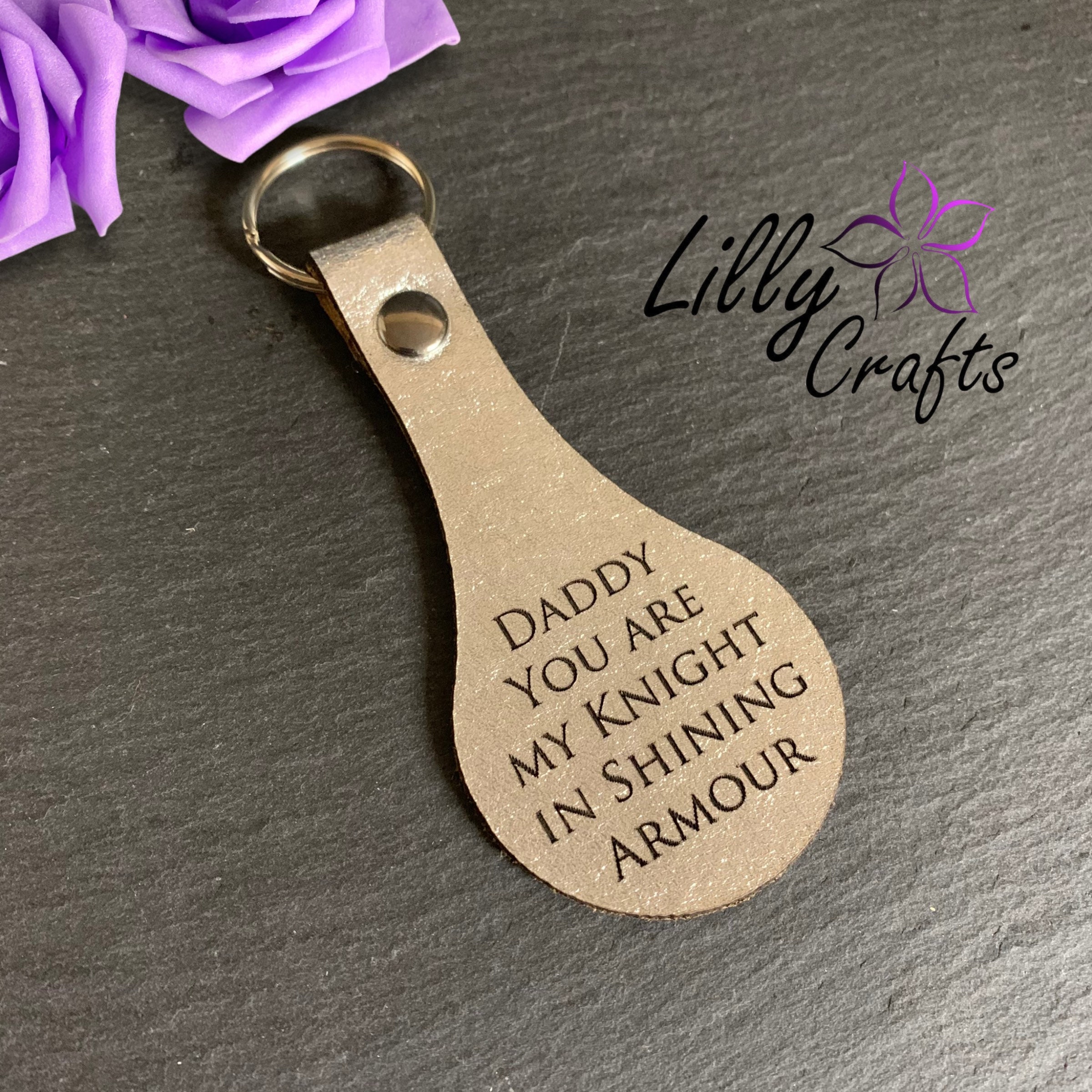 Personalised Engraved Leather Rounded Fob Keyring - Silver foiled leather