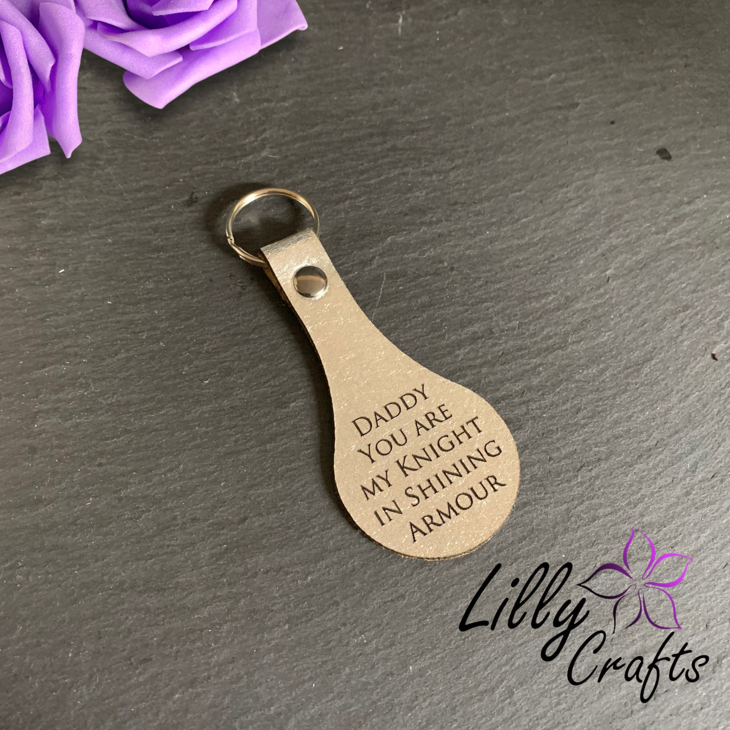 Personalised Engraved Leather Rounded Fob Keyring - Silver foiled leather - Image 2