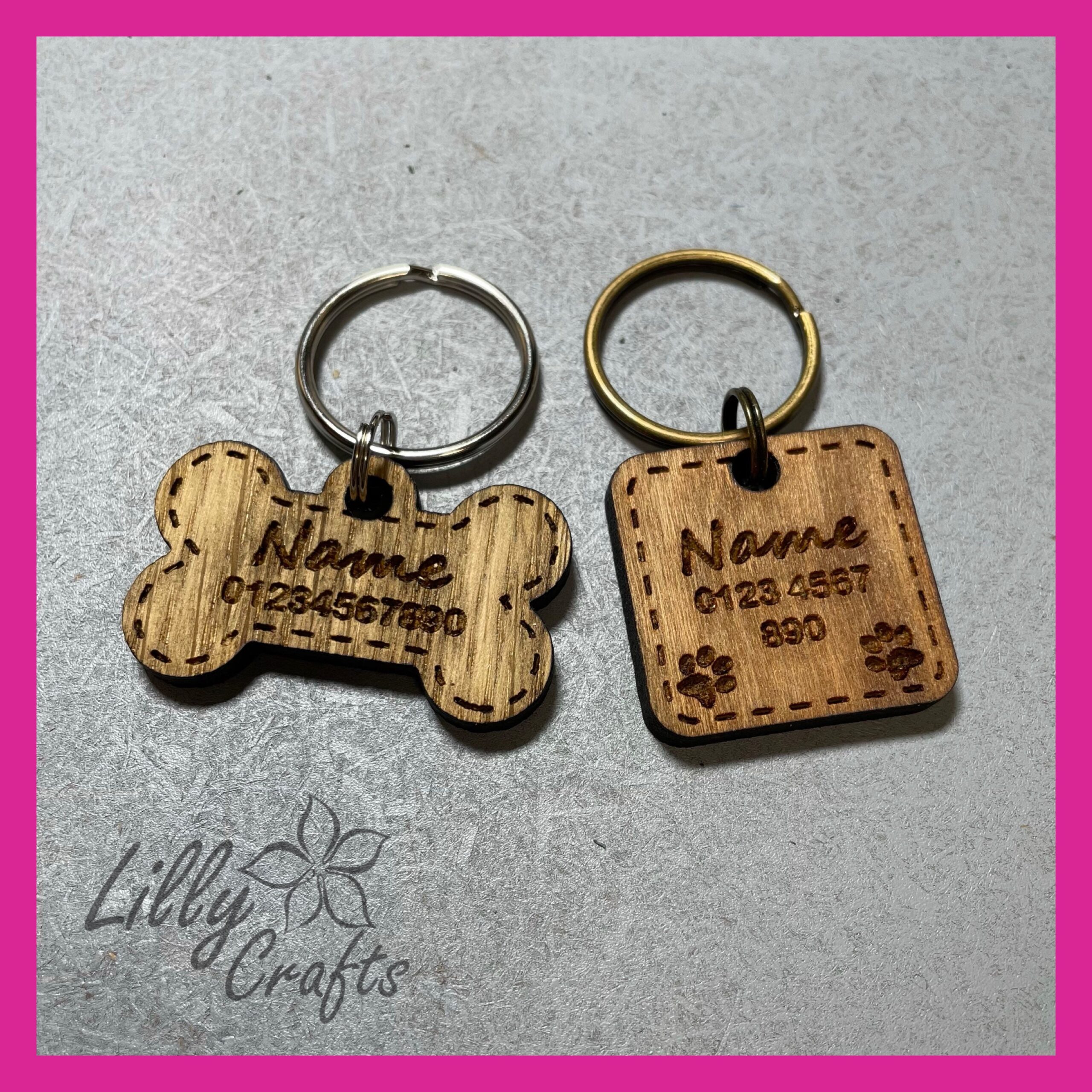 Personalised Engraved Wooden Pet Tag - Choice of Shape, Veneer Finishes and Fastening Colours