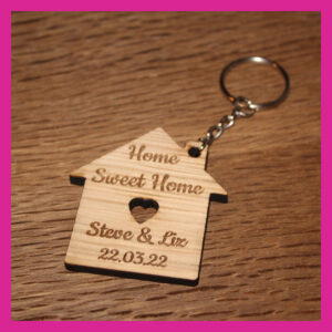 Personalised Engraved Wooden Veneer New Home House Shaped Keyring Gift, First Home, Moving Keepsake, Home Sweet Home Gift Set - Any Text