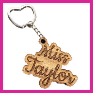 Personalised Engraved Wooden Veneer Name or Word Keyring with Apple Split Ring - Best Teacher Thank You Gift, School Leaver, End of Term