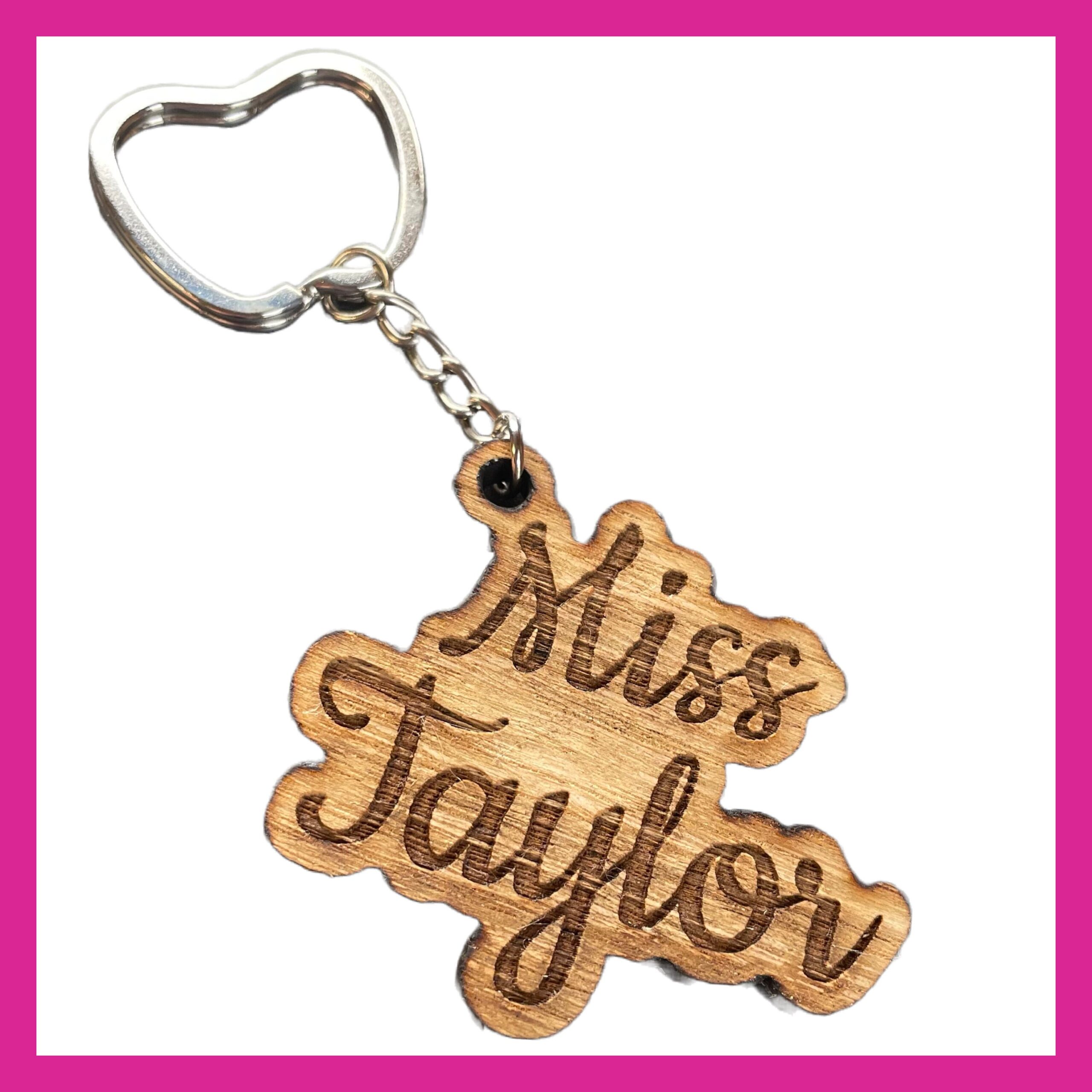 Personalised Engraved Wooden Veneer Name or Word Keyring with Apple Split Ring - Best Teacher Thank You Gift, School Leaver, End of Term