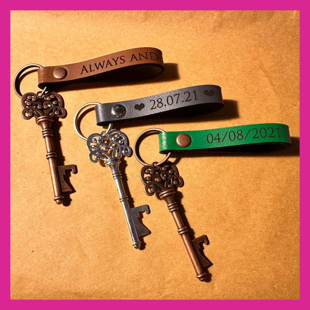 Personalised Engraved Leather Keyring with Decorative Bottle Opener Key - 3rd Year Anniversary, Birthday, Wedding Favour - Image 3