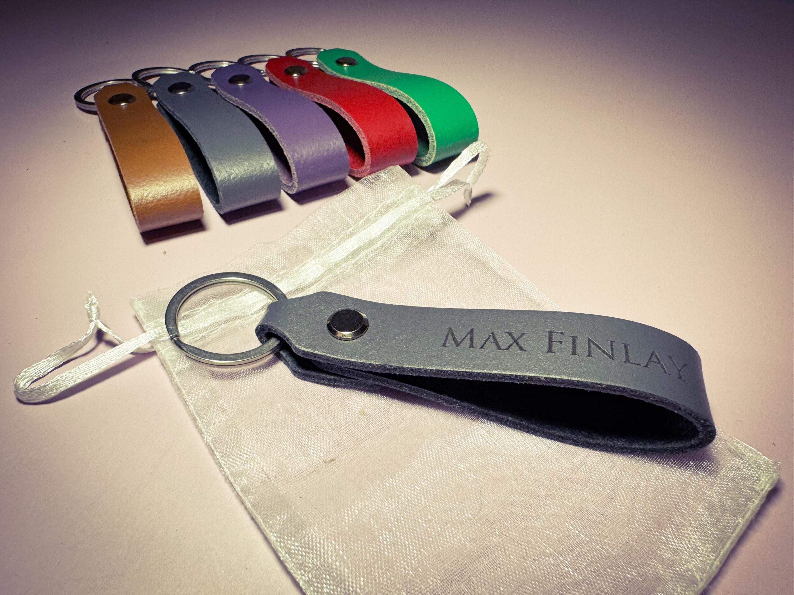 Hand Punched Laser Engraved Personalised Leather Keyring in a Choice of Colours with Gift Bag