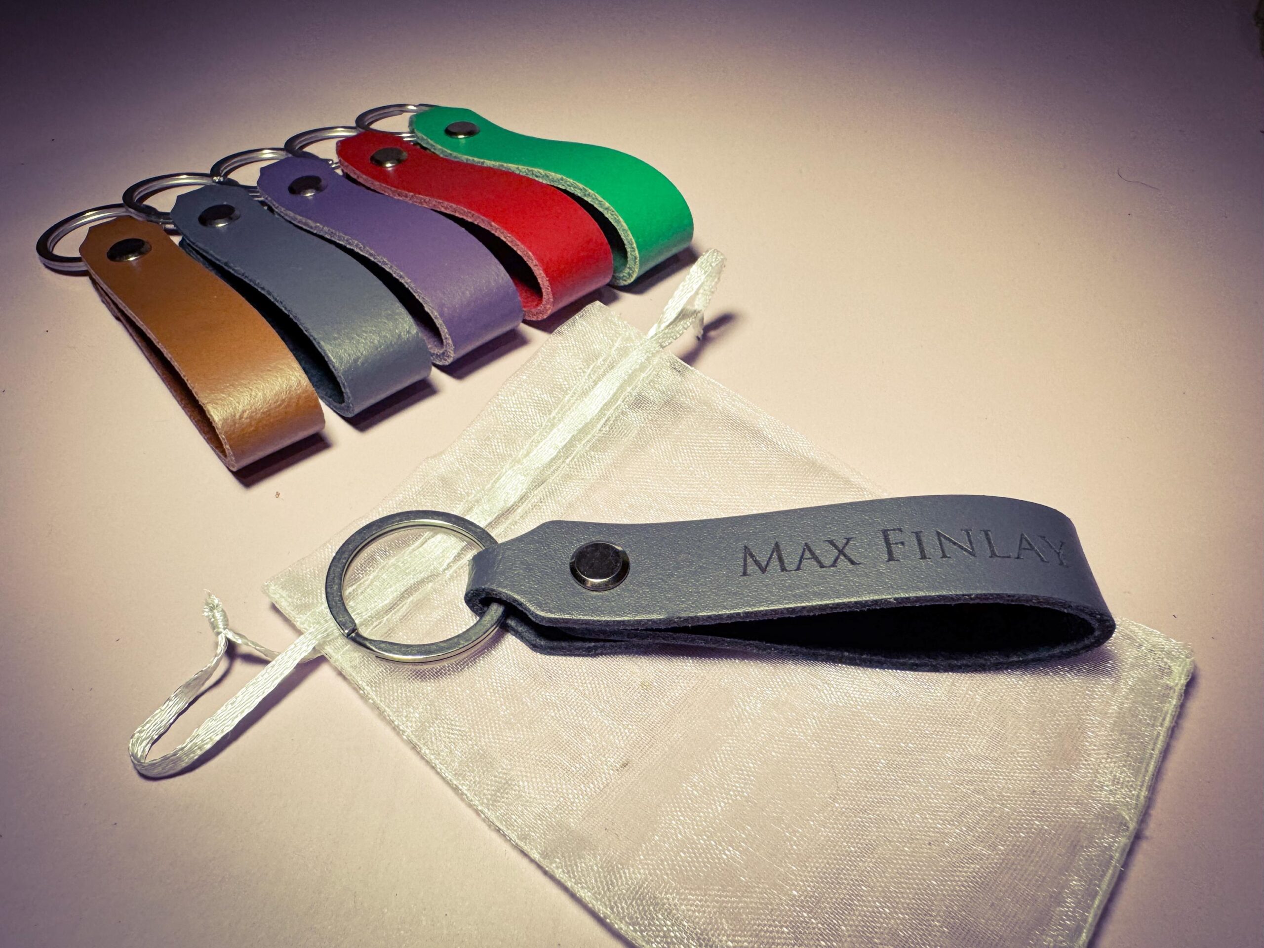 Hand Punched Laser Engraved Personalised Leather Keyring in a Choice of Colours with Gift Bag - Image 4