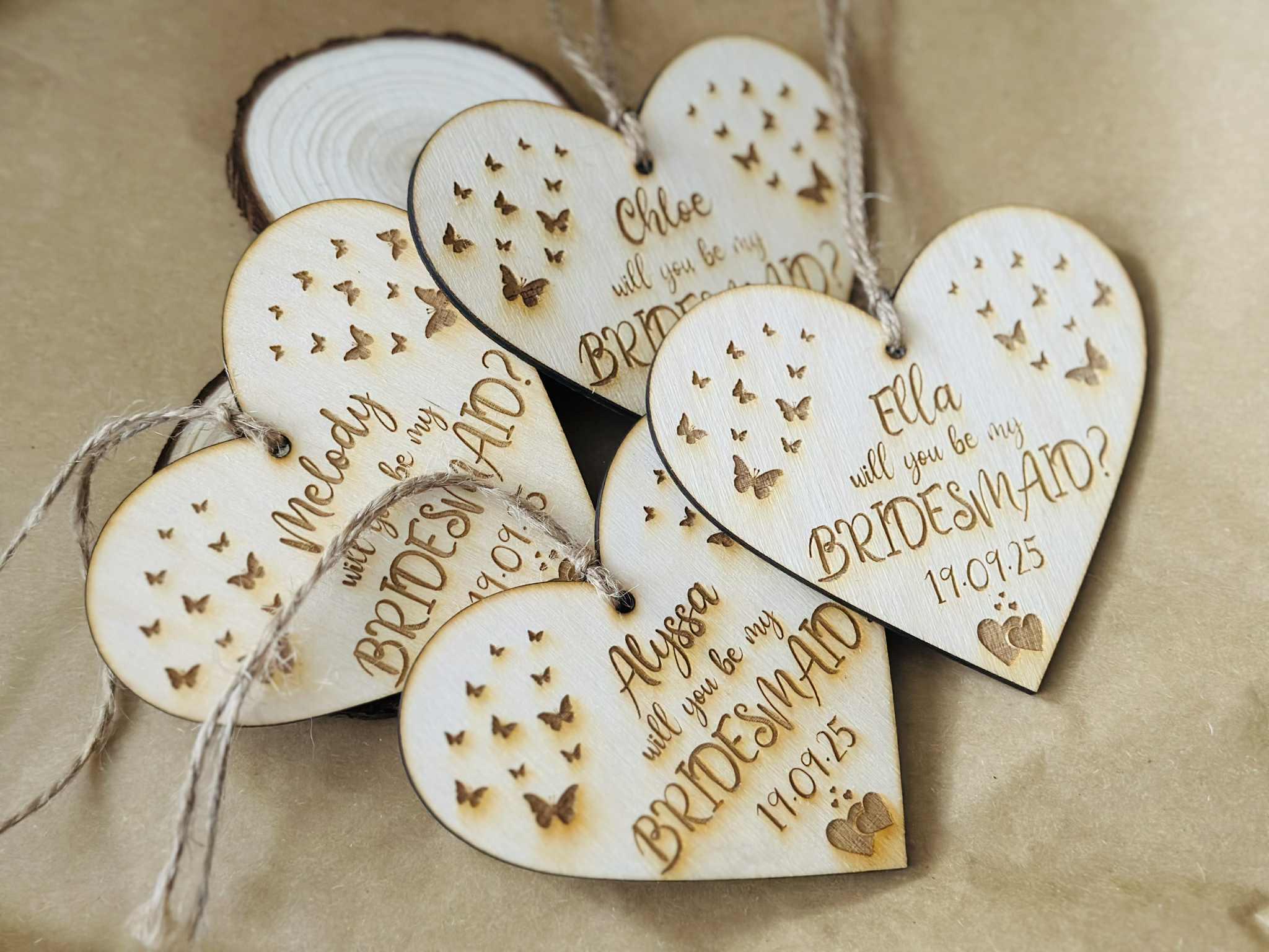 Personalised Engraved Wooden Hanging Heart - Will You Be My Bridesmaid, Maid of Honour, Best Woman Proposal Gift - Any Text - Image 2