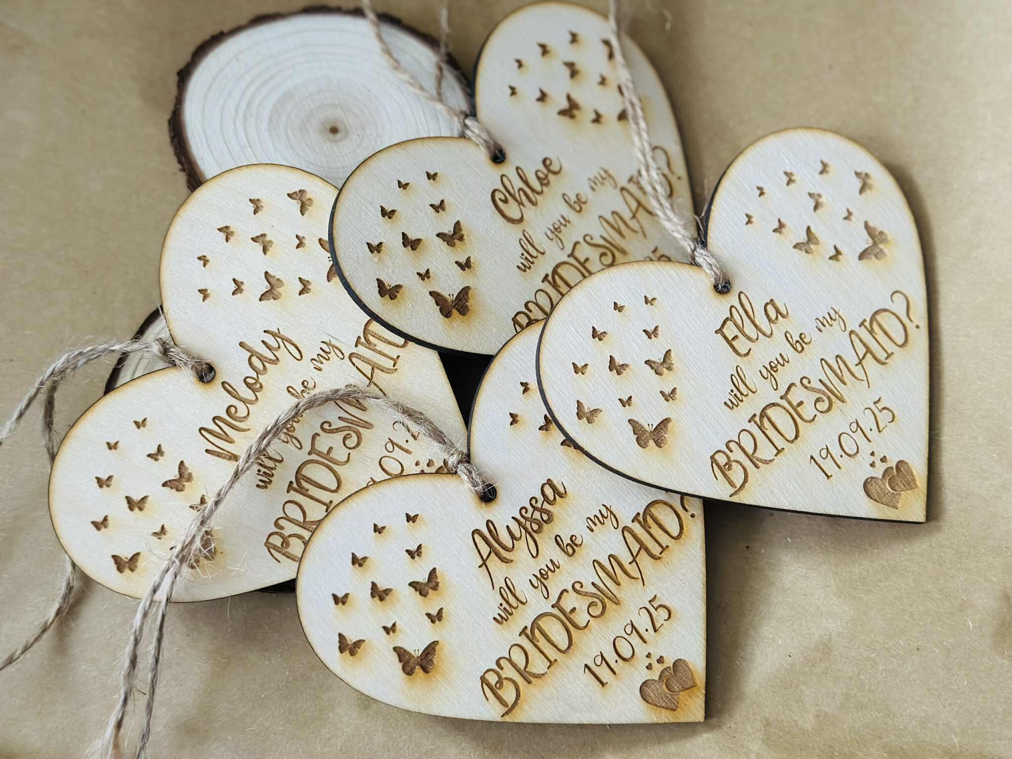 Personalised Engraved Wooden Hanging Heart - Will You Be My Bridesmaid, Maid of Honour, Best Woman Proposal Gift - Any Text - Image 8