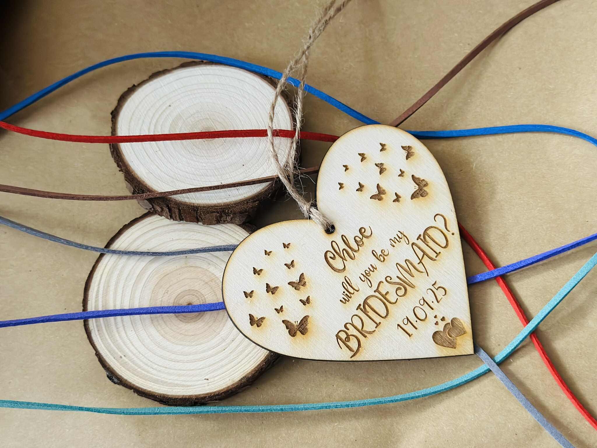Personalised Engraved Wooden Hanging Heart - Will You Be My Bridesmaid, Maid of Honour, Best Woman Proposal Gift - Any Text - Image 3