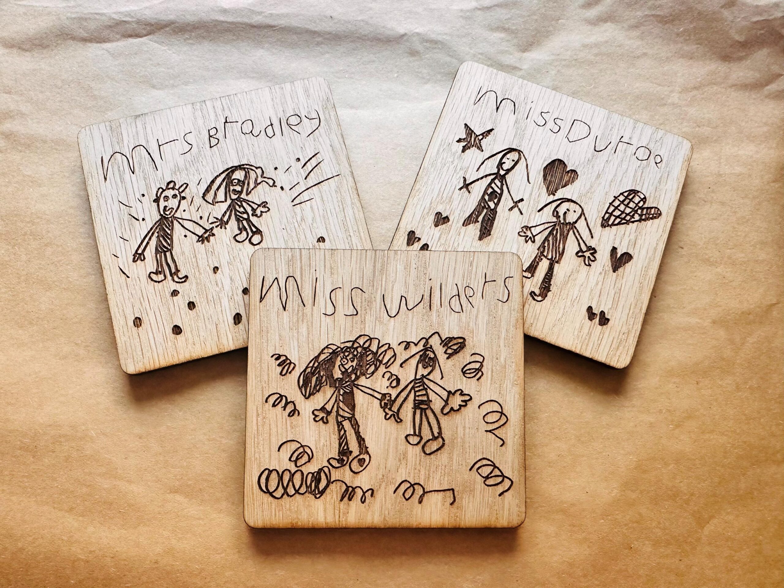 Personalised Engraved Veneered MDF Wooden Coaster, Teacher Gift School Leaver End of Term Thank You Childs Drawing Handwriting - Image 3