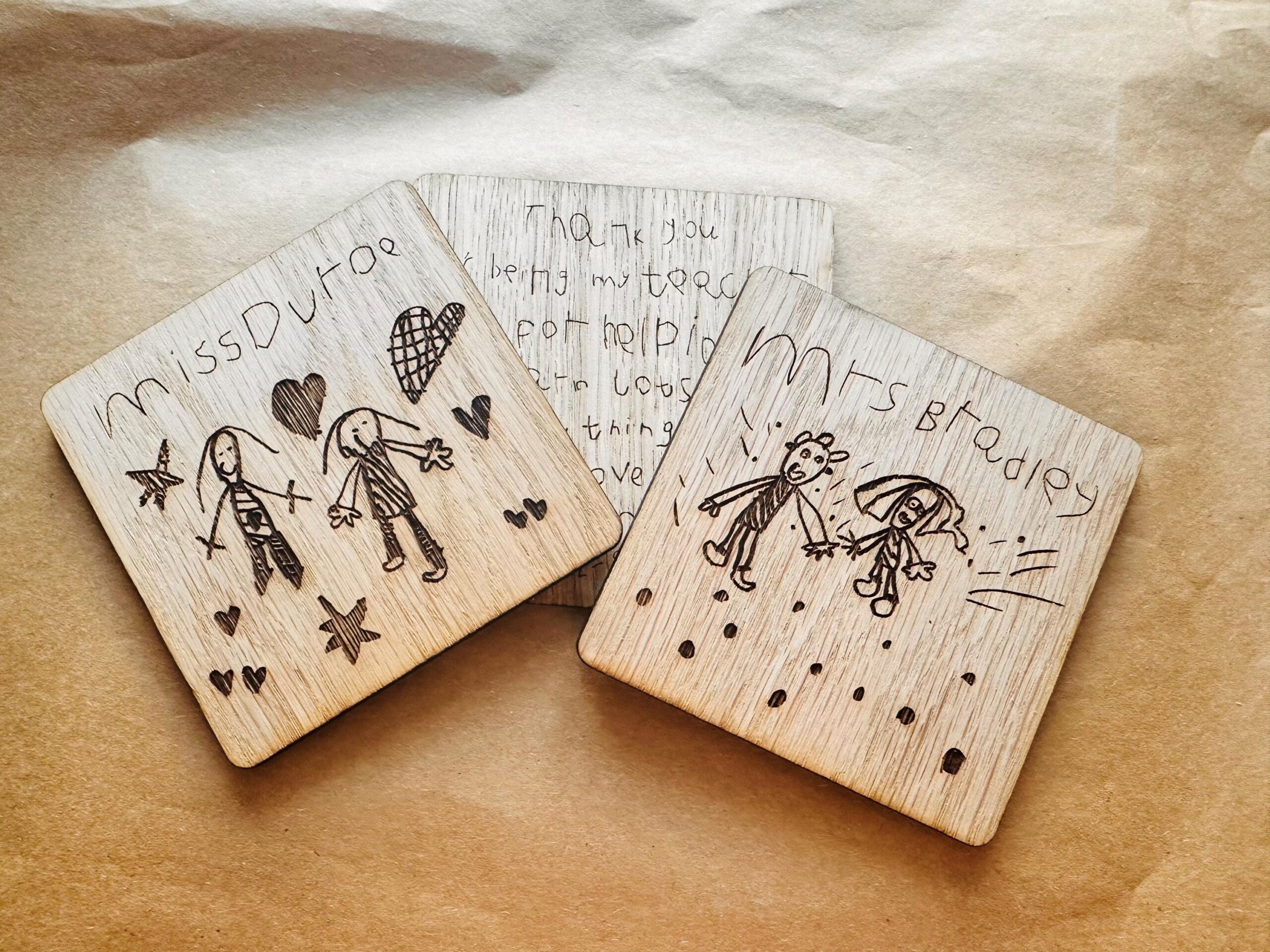 Personalised Engraved Veneered MDF Wooden Coaster, Teacher Gift School Leaver End of Term Thank You Childs Drawing Handwriting - Image 2