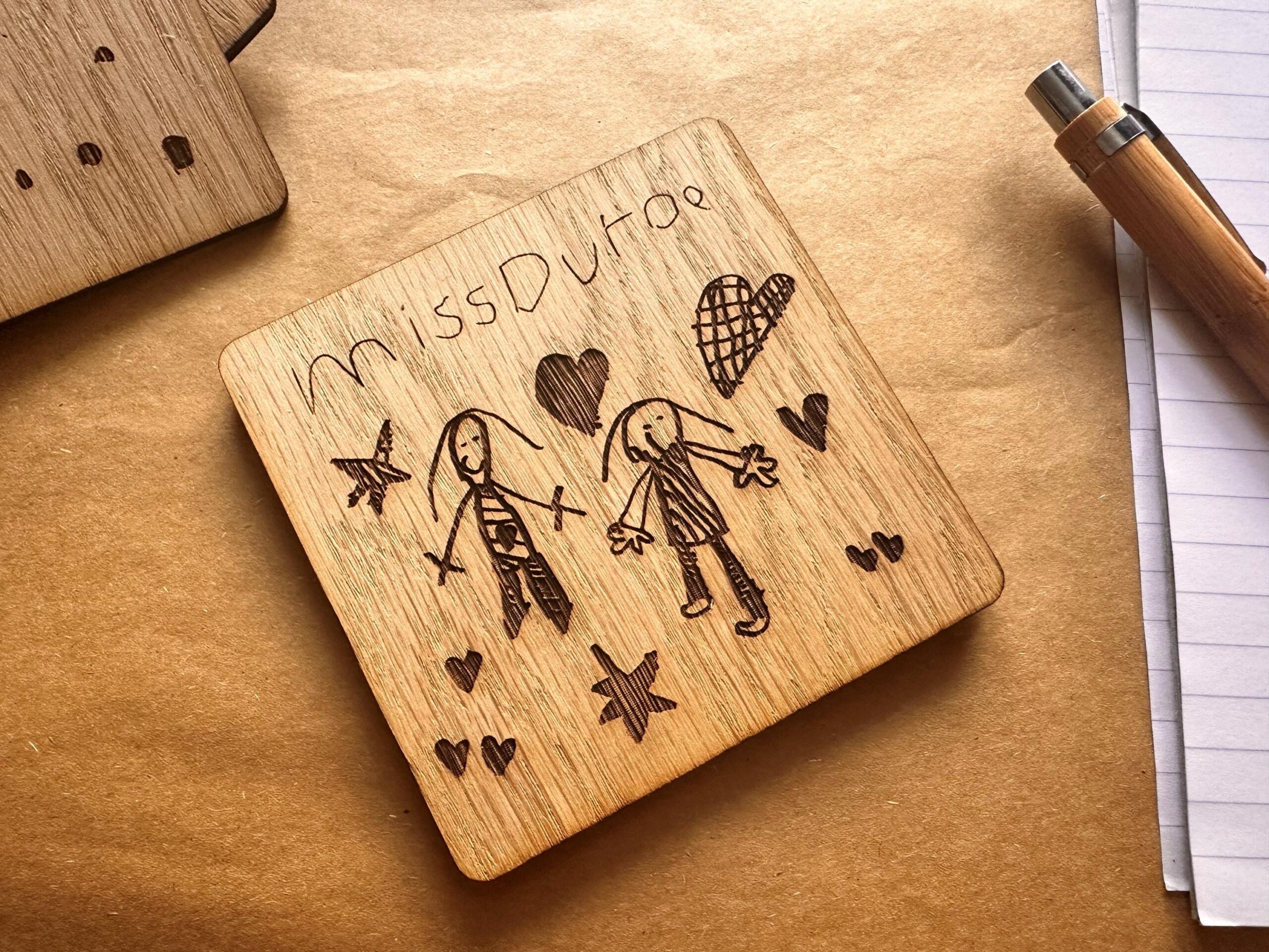 Personalised Engraved Veneered MDF Wooden Coaster, Teacher Gift School Leaver End of Term Thank You Childs Drawing Handwriting