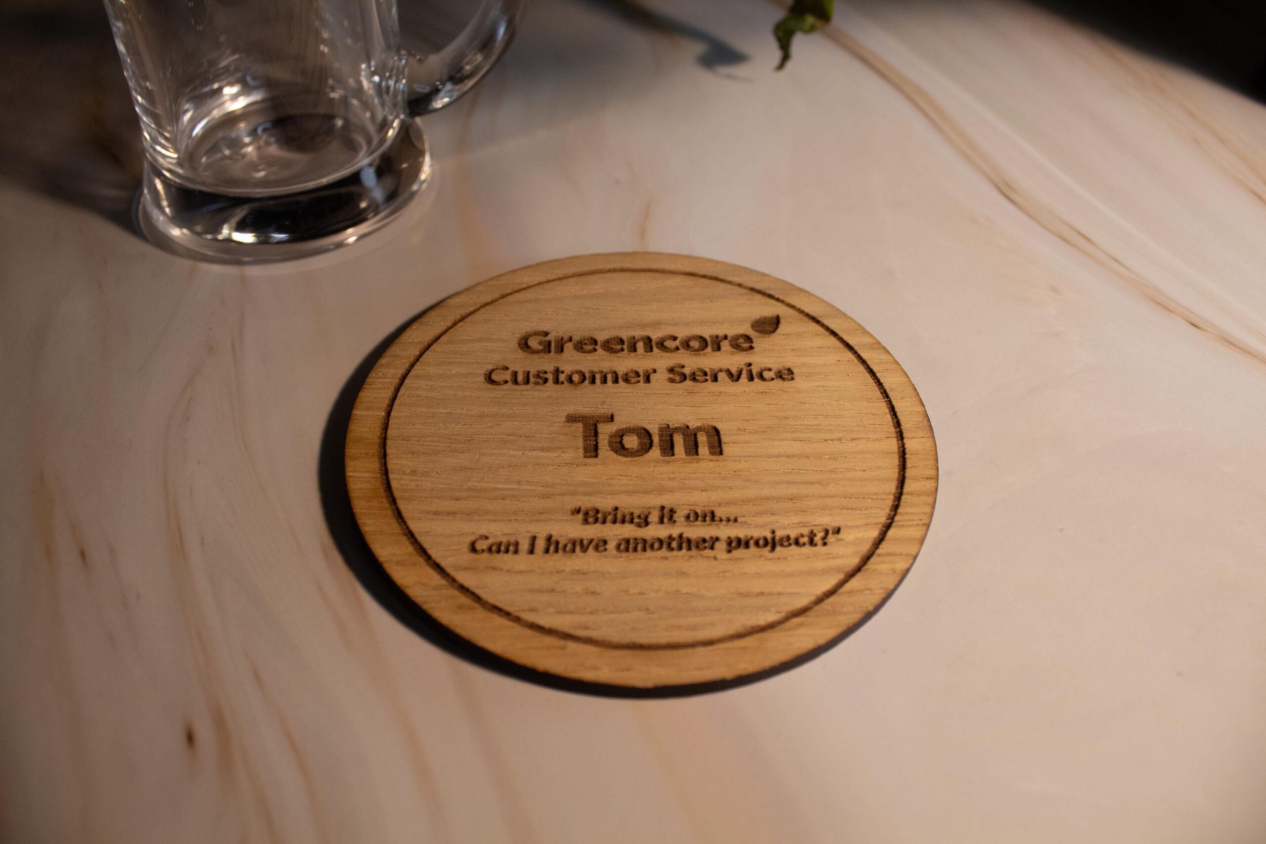 Custom Wooden Oak Veneer Coasters with Cork Back – Personalised with Logo or text, corporate gift - Image 2