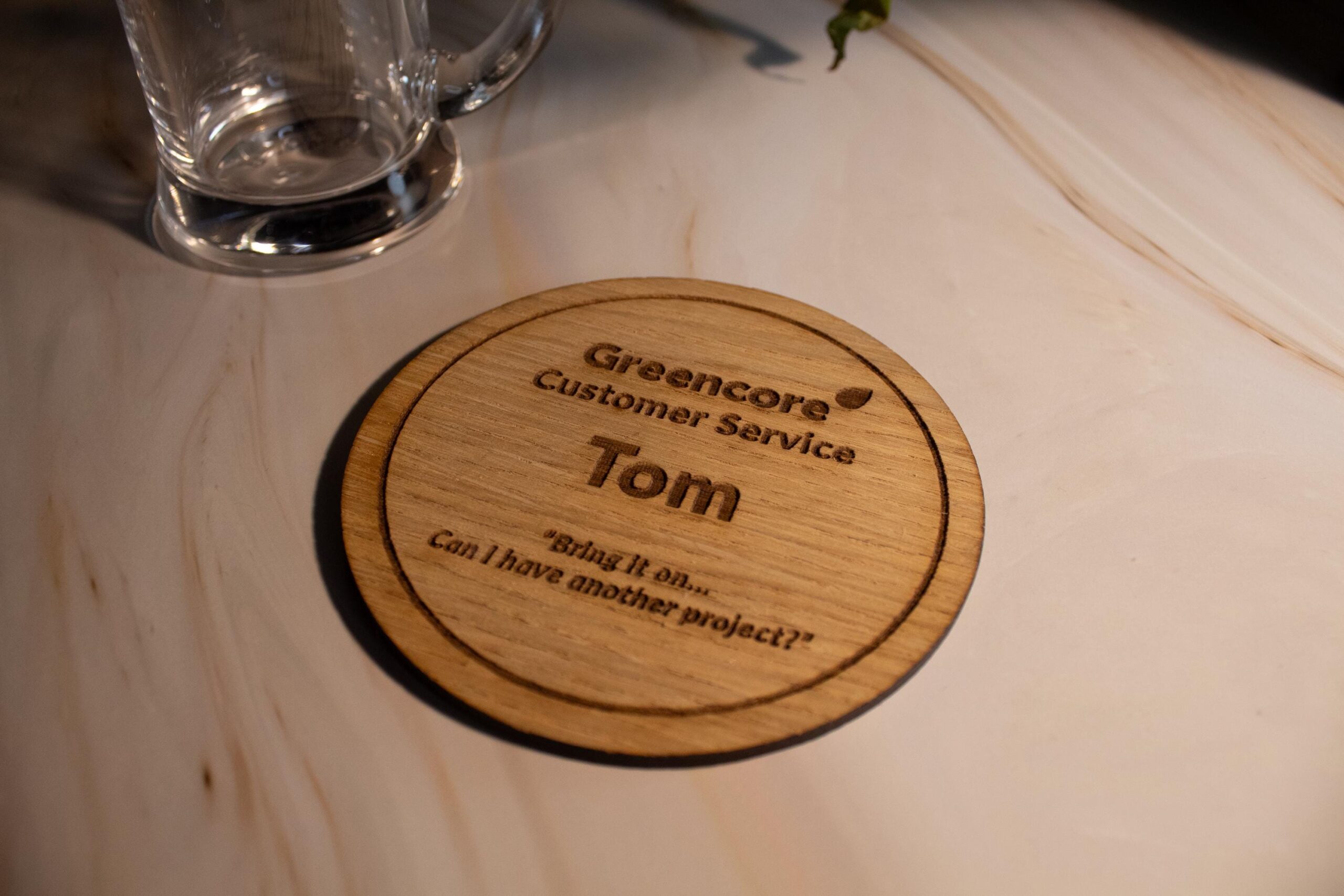 Custom Wooden Oak Veneer Coasters with Cork Back – Personalised with Logo or text, corporate gift - Image 3